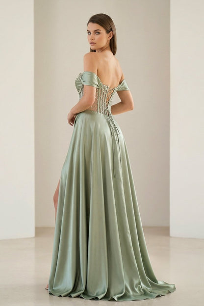 Sage Off The Shoulder A Line Satin Beaded Prom Dresses With Slit