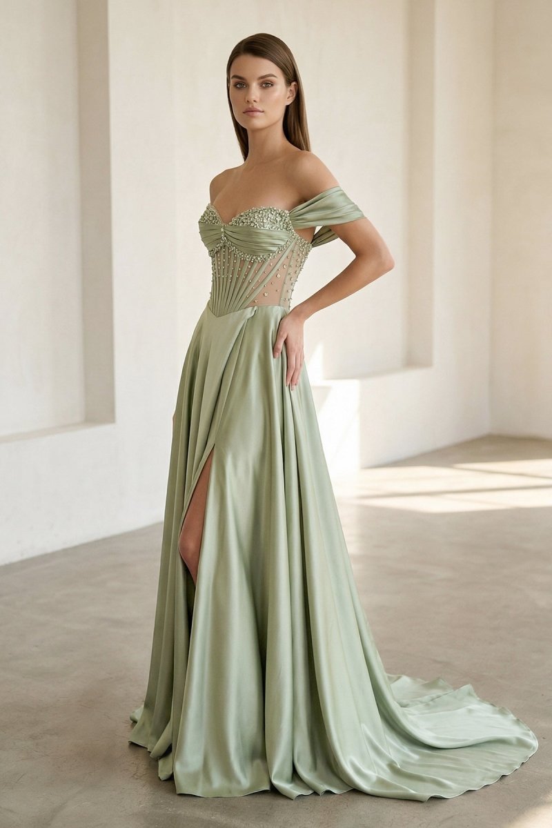 Sage Off The Shoulder A Line Satin Beaded Prom Dresses With Slit