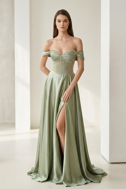 Sage Off The Shoulder A Line Satin Beaded Prom Dresses With Slit
