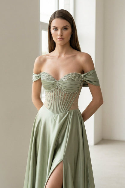 Sage Off The Shoulder A Line Satin Beaded Prom Dresses With Slit