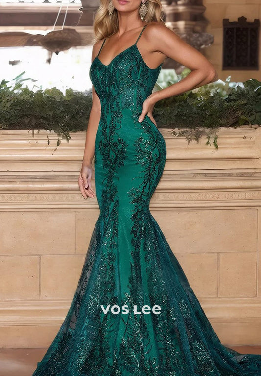 Sparkling & Simple Spaghetti Straps Sequined Mermaid Prom Dresses with Court Train