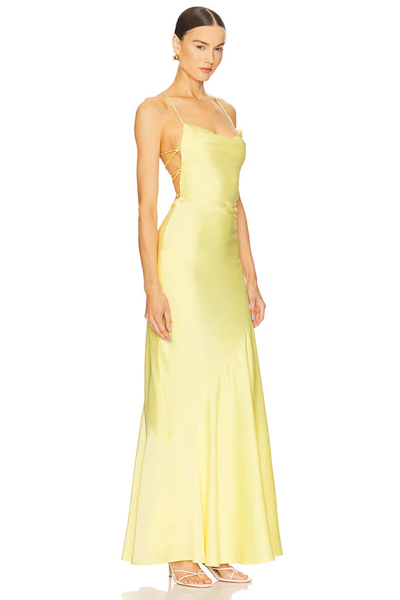 Yellow Spaghetti Straps Long Backless Dress VOS LEE Yellow Spaghetti Straps Long Backless Dress VOS LEE