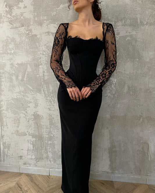 Sexy Sheath Sweetheart Long Sleeves Lace Appliques Satin Prom Party Dress