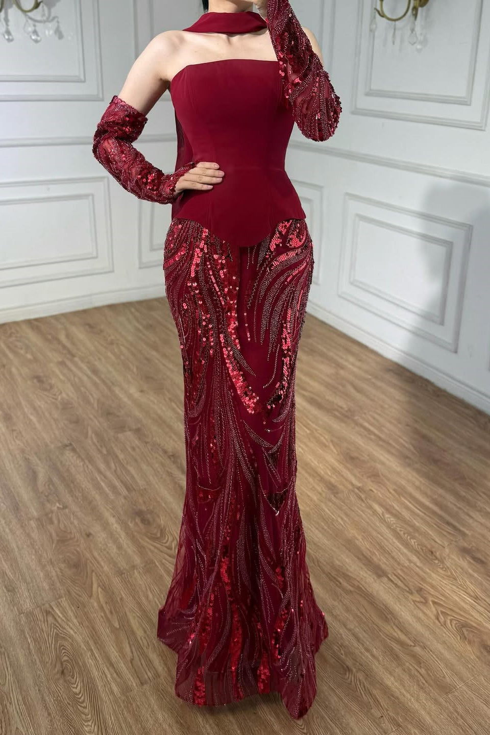 Vintage Burgundy Strapless Mermaid Beads Prom Dresses