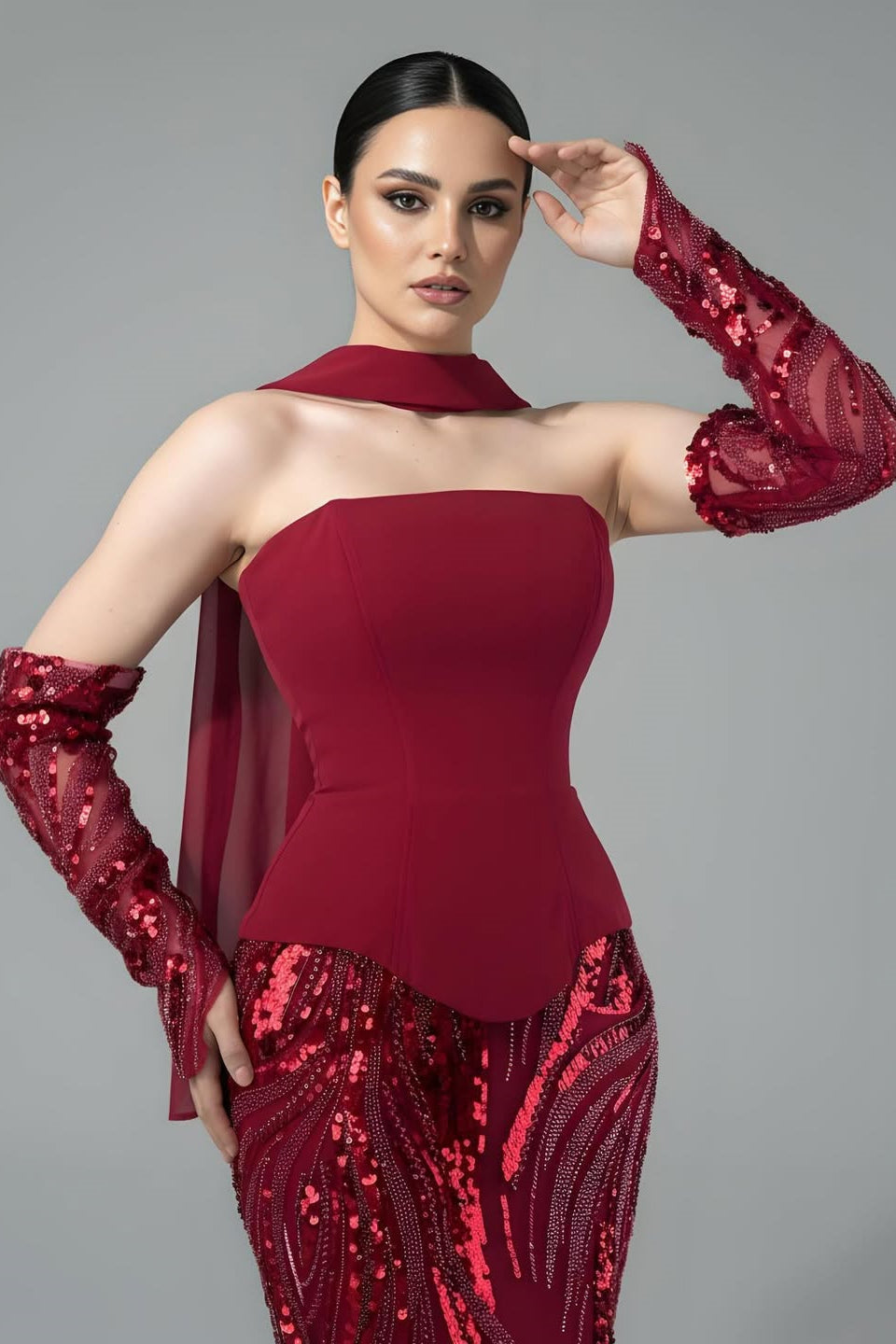 Vintage Burgundy Strapless Mermaid Beads Prom Dresses