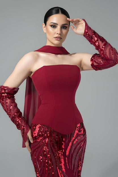Vintage Burgundy Strapless Mermaid Beads Prom Dresses