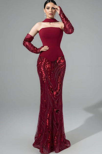 Vintage Burgundy Strapless Mermaid Beads Prom Dresses