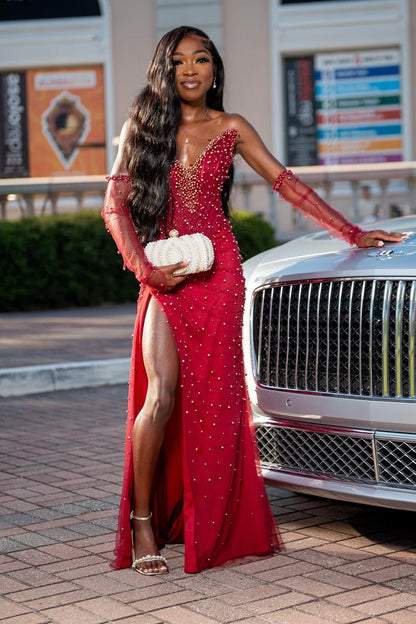 Vintage Red V-Neck Mermaid Prom Dresses Pearls With Side Split