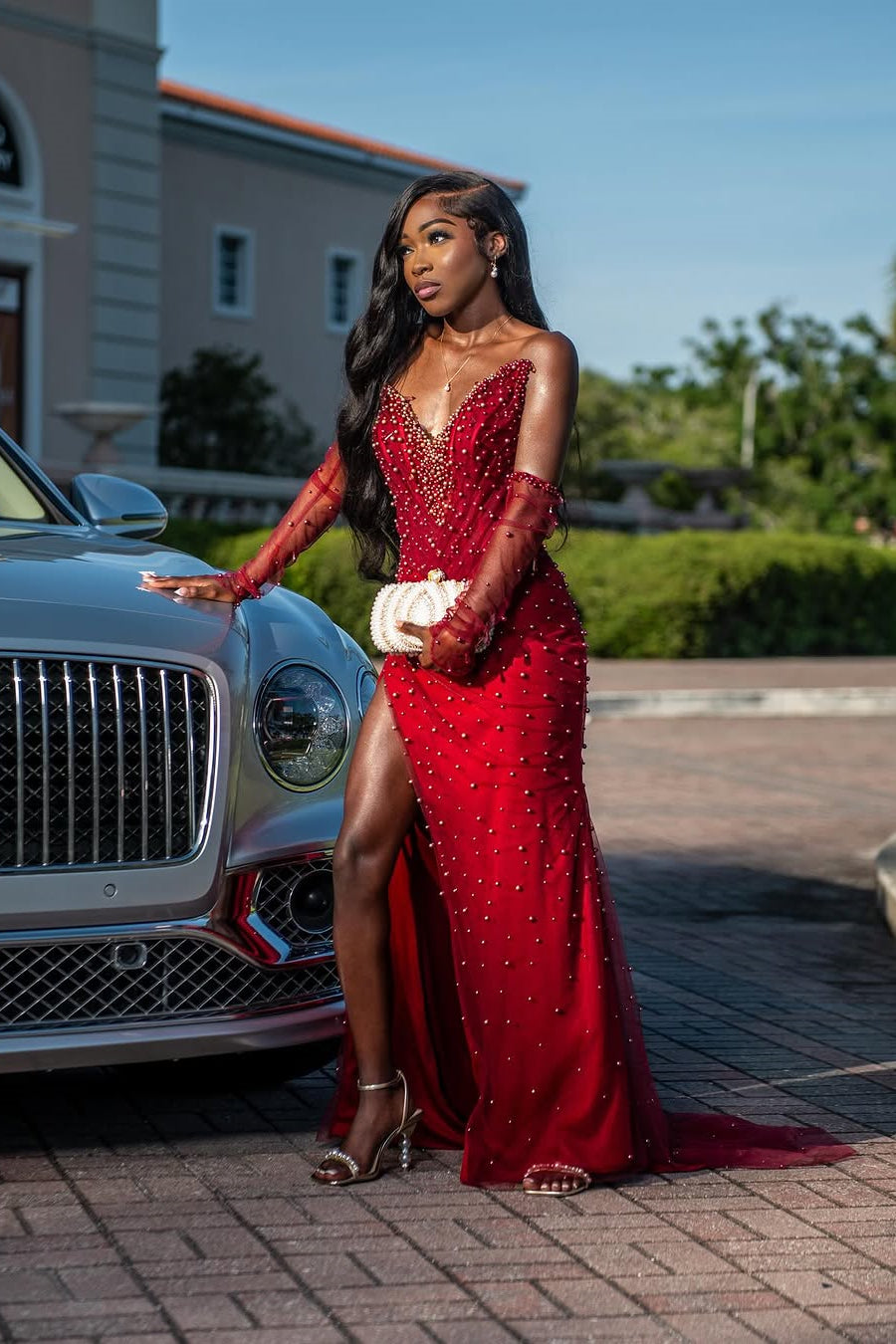 Vintage Red V-Neck Mermaid Prom Dresses Pearls With Side Split