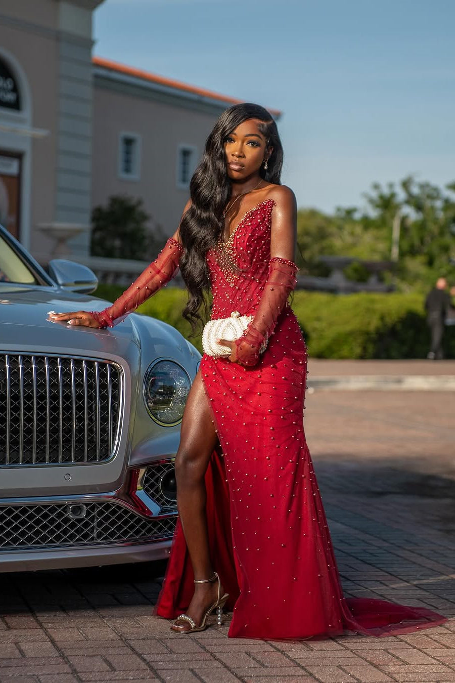 Vintage Red V-Neck Mermaid Prom Dresses Pearls With Side Split