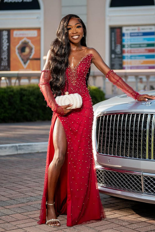 Vintage Red V-Neck Mermaid Prom Dresses Pearls With Side Split