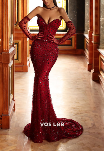 Stunning Crystals Sweetheart Sleeveless Mermaid Evening Dress Long