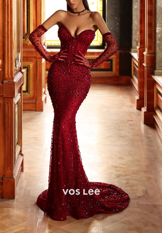 Stunning Crystals Sweetheart Sleeveless Mermaid Evening Dress Long