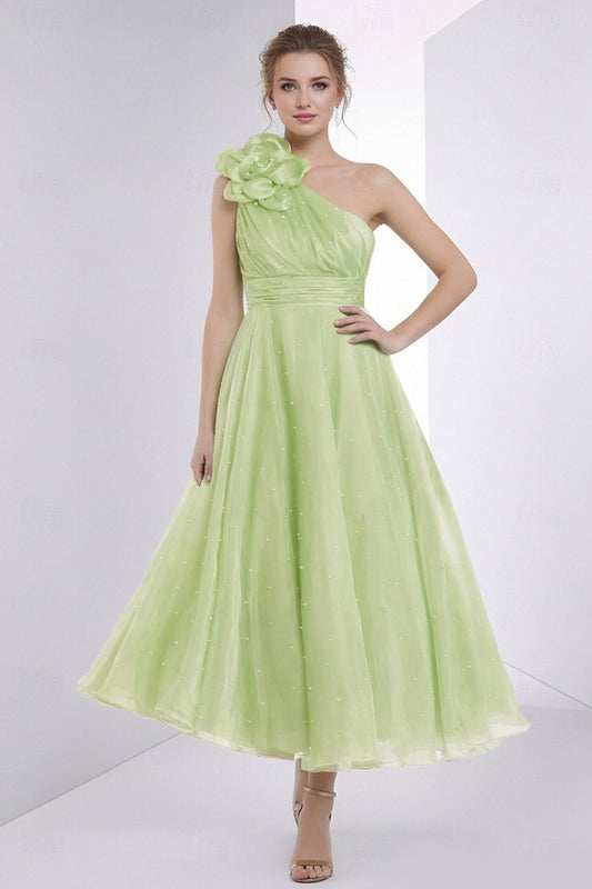 One Shoulder Tea Length Dress - A-Line Tulle Cocktail Dress with Flower