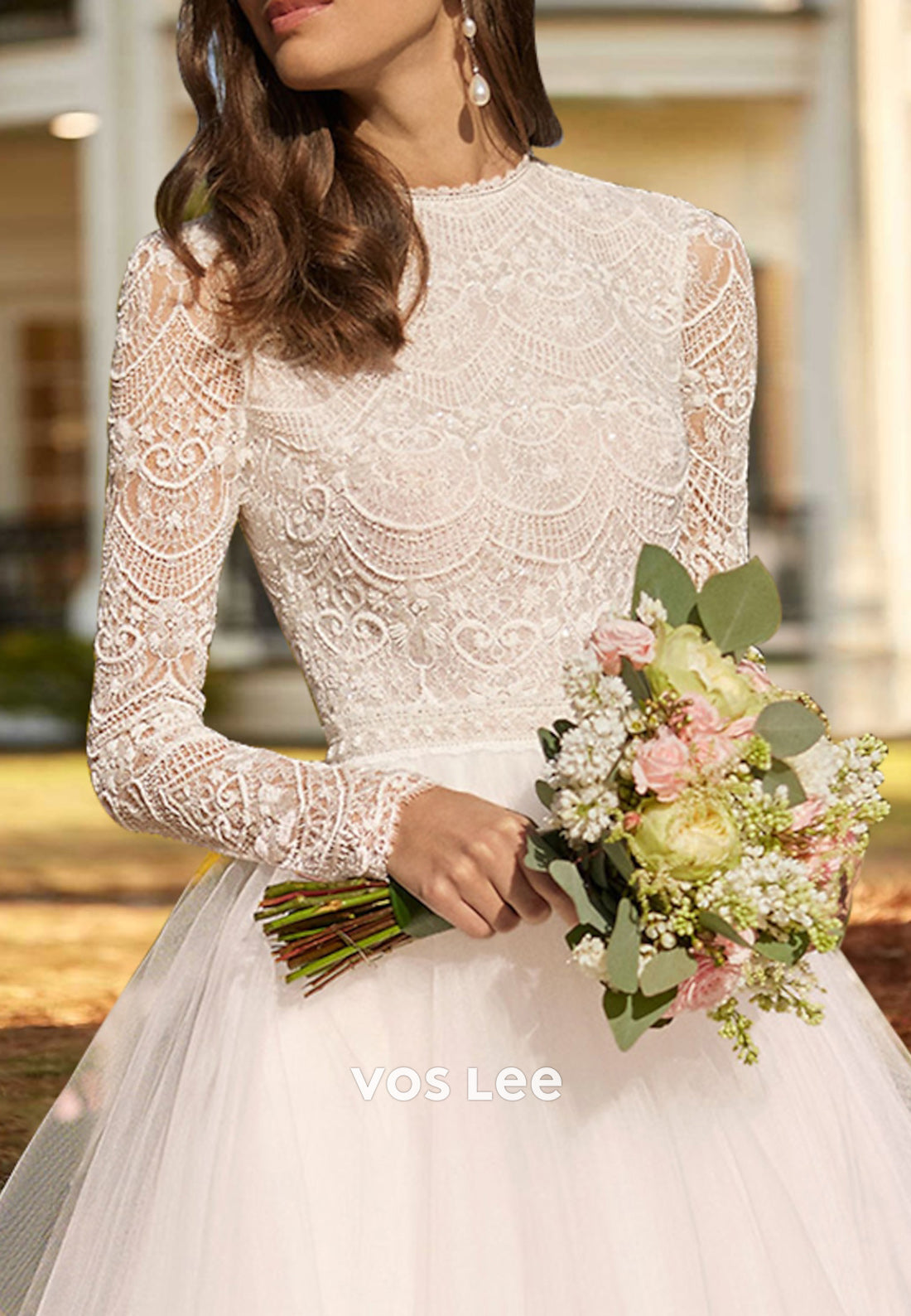 A-Line Long Sleeve Scoop Appliques Lace Ankle-Length Pleated Beach Wedding Dresses