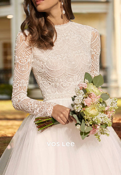 A-Line Long Sleeve Scoop Appliques Lace Ankle-Length Pleated Beach Wedding Dresses
