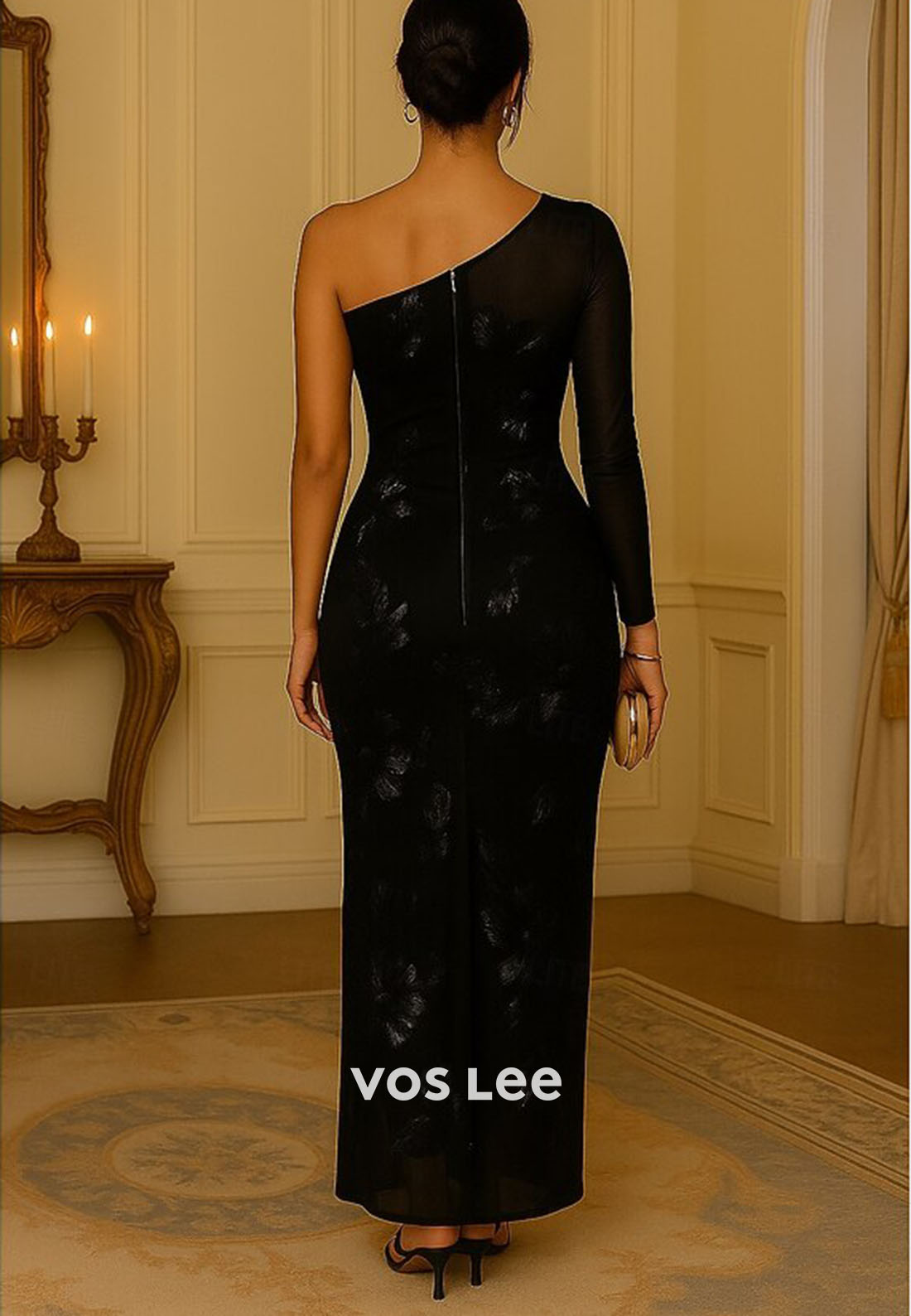 One-Shoulder Sheer Long Sleeves Sheath Flower Embroidery Evening Dress