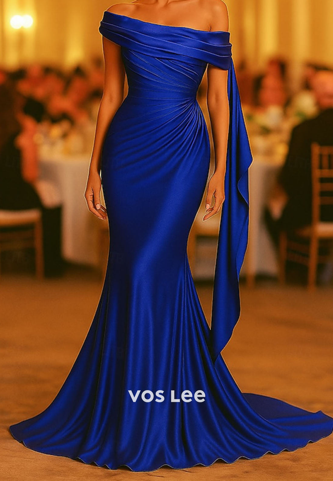 Off the Shoulder Satin Mermaid Pleat Evening Dress