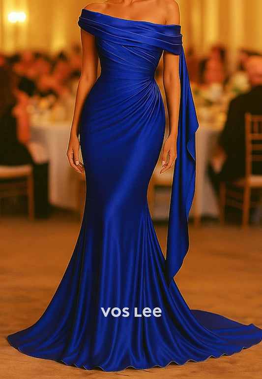 Off the Shoulder Satin Mermaid Pleat Evening Dress