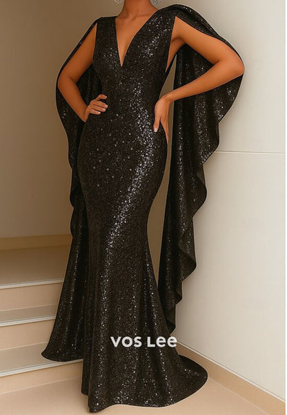 Glitter V-Neck Sequin Floor-Length Trumpet Evening Gowns  