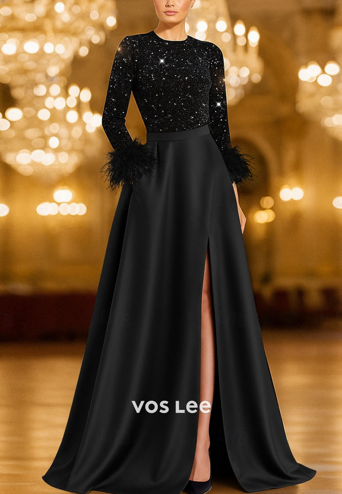 Sequined O-Neck Long-Sleeves With Feathers A Line Evening Dress