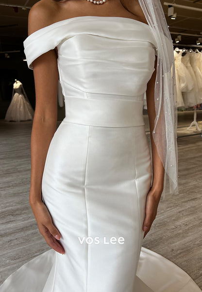 Off the Shoulder Pleated Mermaid/Trumpet Wedding Dresses with Sweep Train