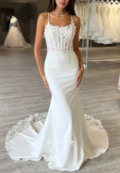 Spaghetti Straps Scoop Appliques Lace Mermaid Wedding Dresses with Sweep Train