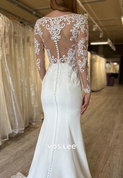 Long Sleeve V Neck Appliques Lace Mermaid Wedding Dresses with Court Train