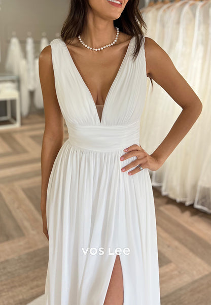 A-Line Detachable Long Sleeve V Neck Pleated Wedding Dresses with High Split
