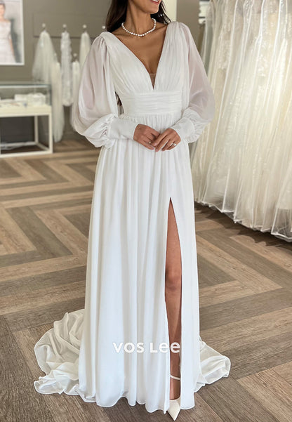 A-Line Detachable Long Sleeve V Neck Pleated Wedding Dresses with High Split