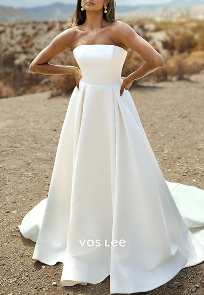 Gorgeous & Charming A-Line Strapless Pleated Wedding Dresses with Court Train