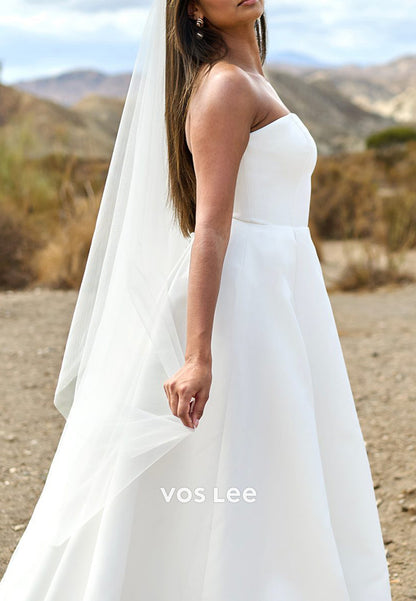 Gorgeous & Charming A-Line Strapless Pleated Wedding Dresses with Court Train