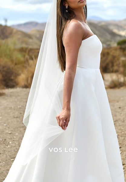 Gorgeous & Charming A-Line Strapless Pleated Wedding Dresses with Court Train