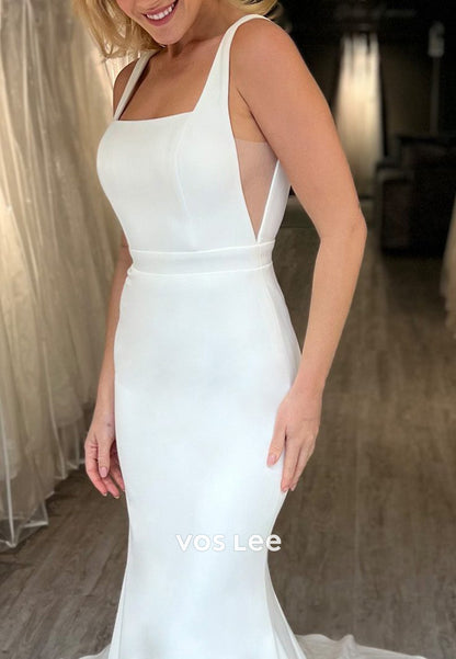 Sexy and Sleek Spaghetti Straps Square Mermaid Wedding Dresses with Sweep Train