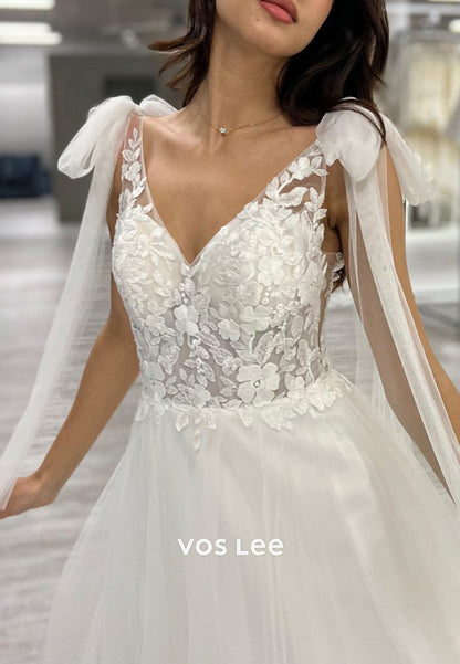 A-Line V Neck Appliques Lace Bowknot Pleated Wedding Dresses with Court Train