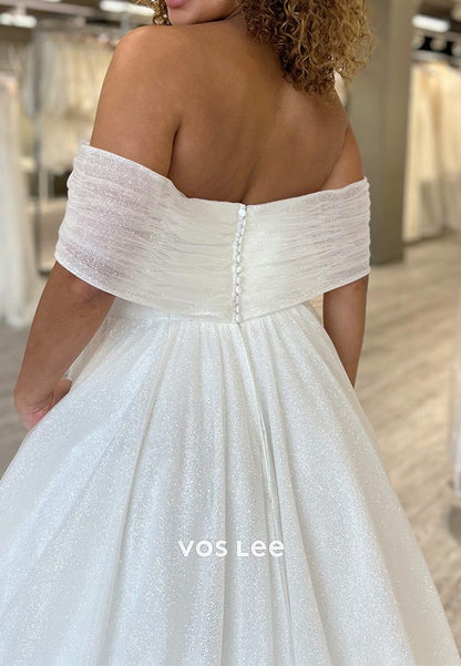 Sparkle & Shine A-Line Off the Shoulder Pleated Wedding Dresses with Court Train