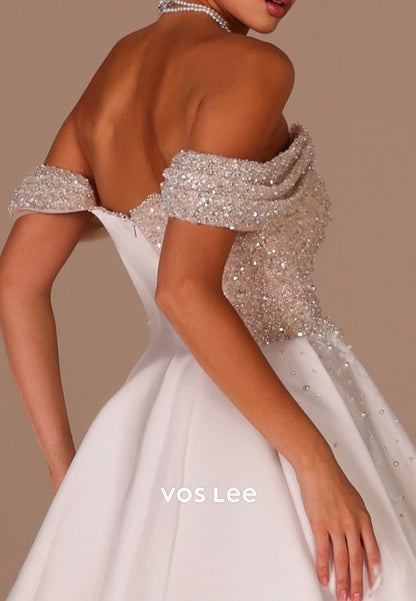 Off the Shoulder Pearls Sequins Pleated Mermaid Wedding Dresses with Court Train