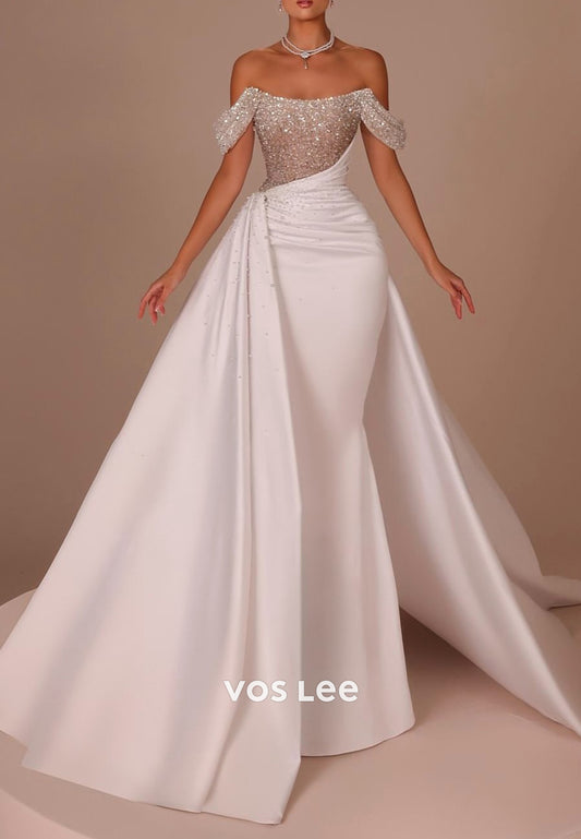 Off the Shoulder Pearls Sequins Pleated Mermaid Wedding Dresses with Court Train