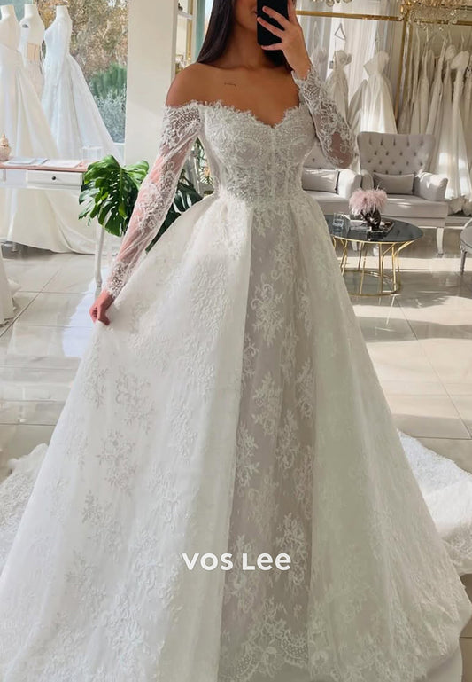 A-Line Long Sleeve Sweetheart Appliques Lace Wedding Dresses with Court Train