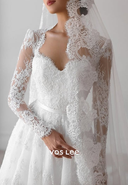 A-Line Long Sleeve Queen Anne Appliques Lace Pleated Wedding Dresses with Court Train
