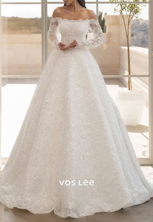 Long Sleeve Off the Shoulder Appliques Lace Sequins Wedding Dresses with Court Train