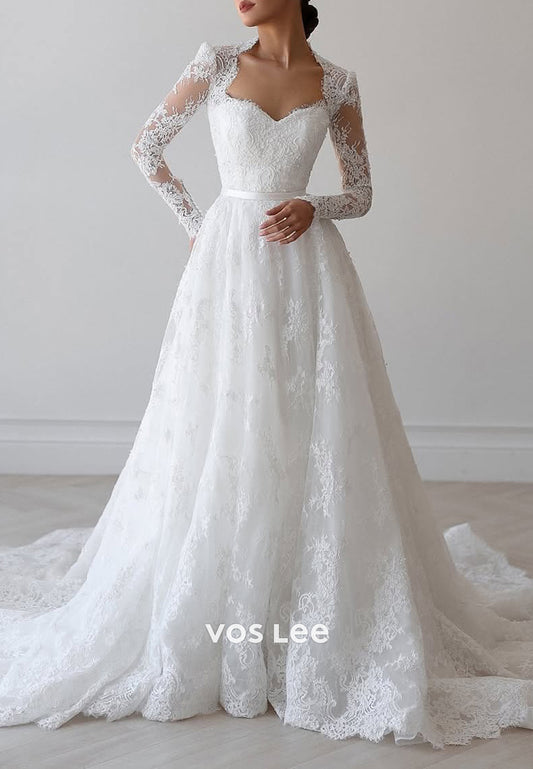 A-Line Long Sleeve Queen Anne Appliques Lace Pleated Wedding Dresses with Court Train