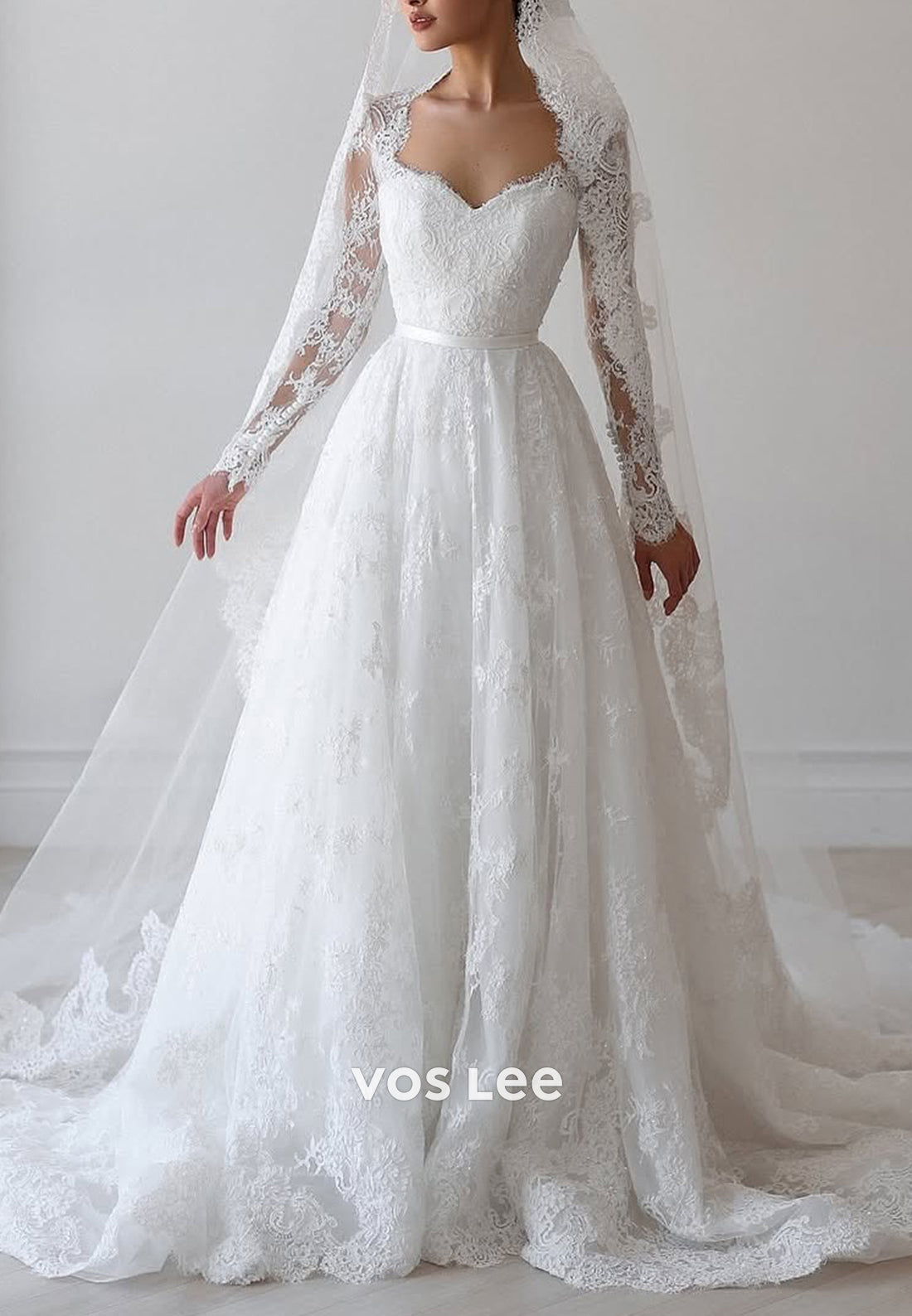 A-Line Long Sleeve Queen Anne Appliques Lace Pleated Wedding Dresses with Court Train