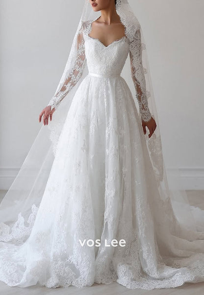 A-Line Long Sleeve Queen Anne Appliques Lace Pleated Wedding Dresses with Court Train