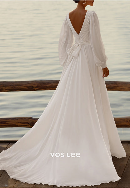 Sexy and Sleek A-Line Long Sleeve V Neck Pleated Wedding Dresses with Sweep Train