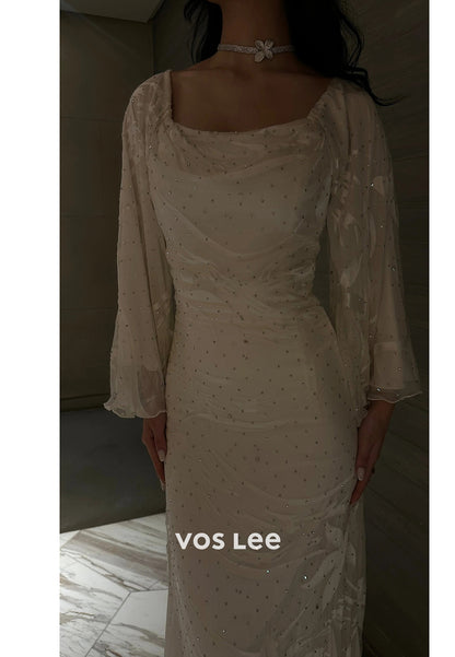Sparkling & Simple Long Sleeve Scoop Sequins Pleated Ankle-Length Evening Dresses