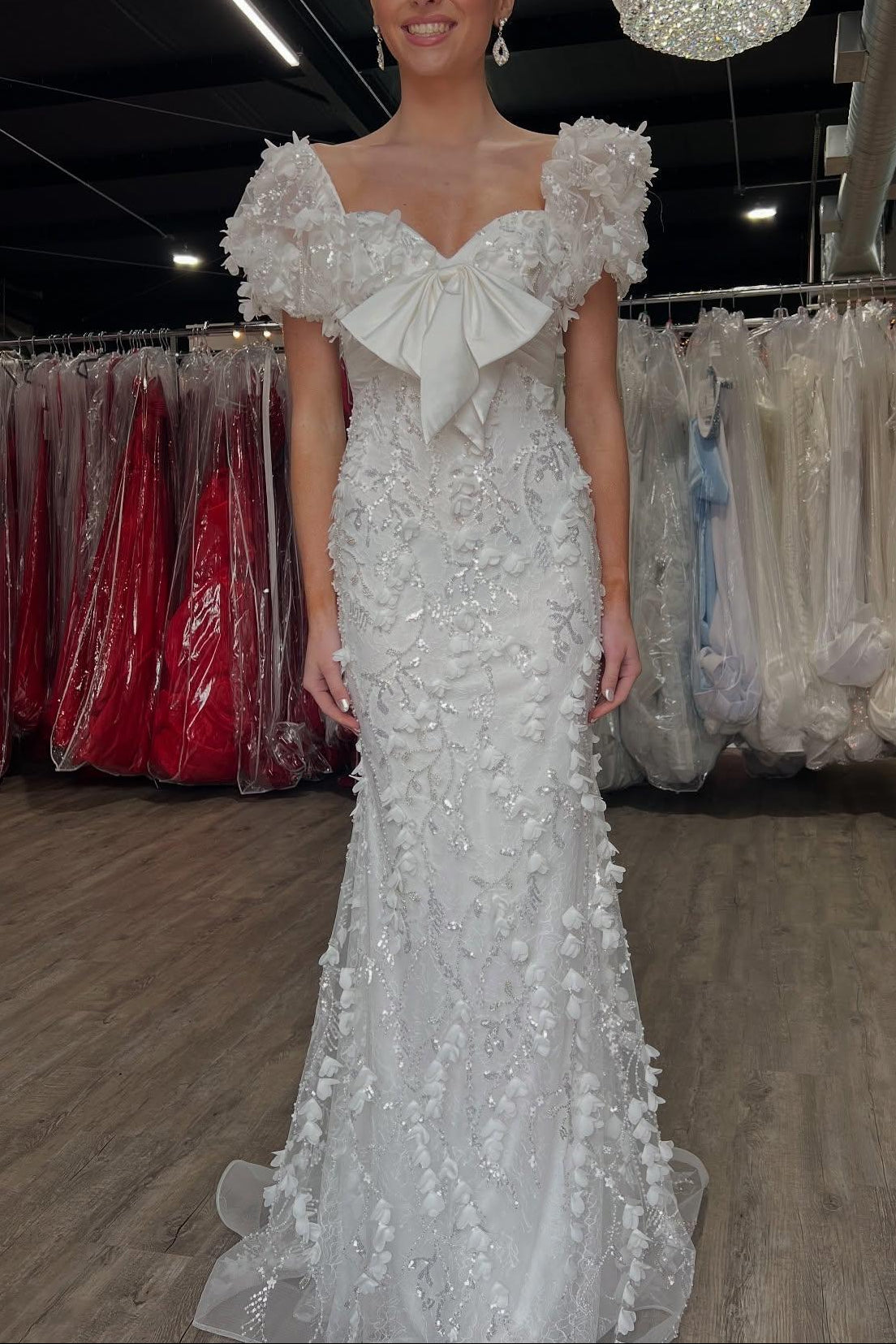 Short Puff Sleeves Pink Empire Long Formal Dress