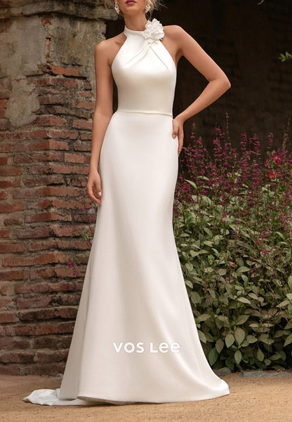 Backless Halter Flowers Pleated Mermaid Sleek Wedding Dresses with Sweep Train