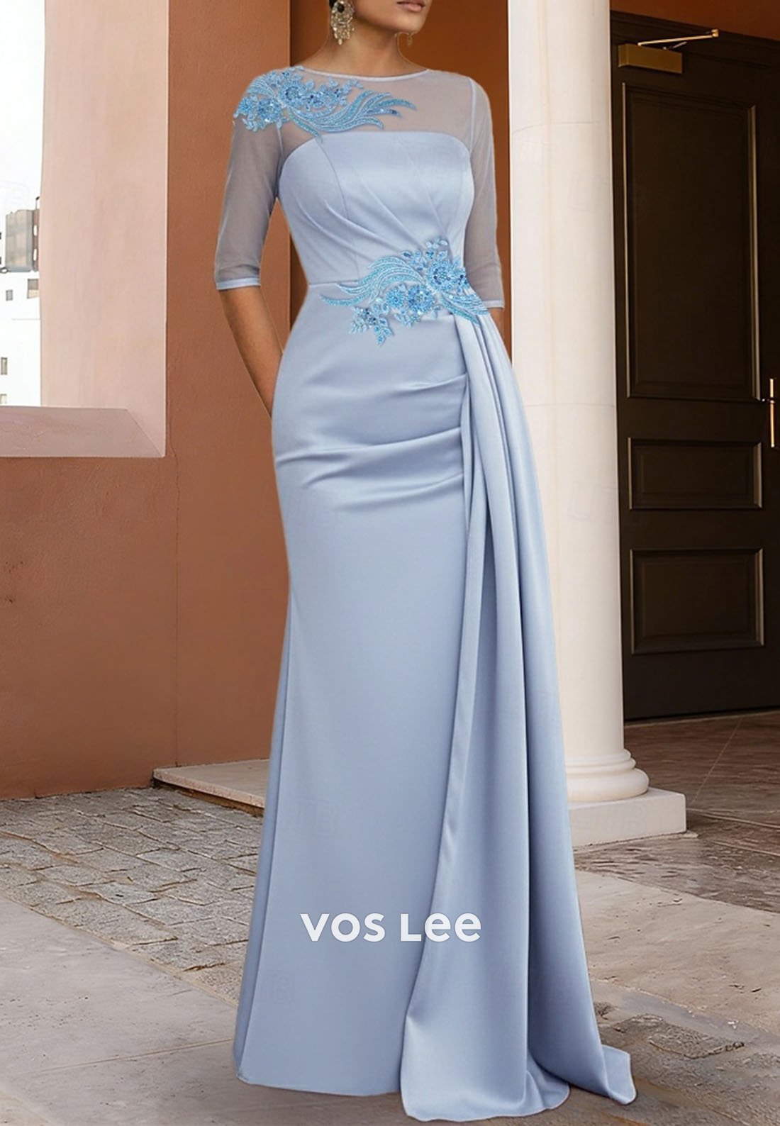 Black Satin Evening Gown with Gold Embroidery and Illusion Sleeves