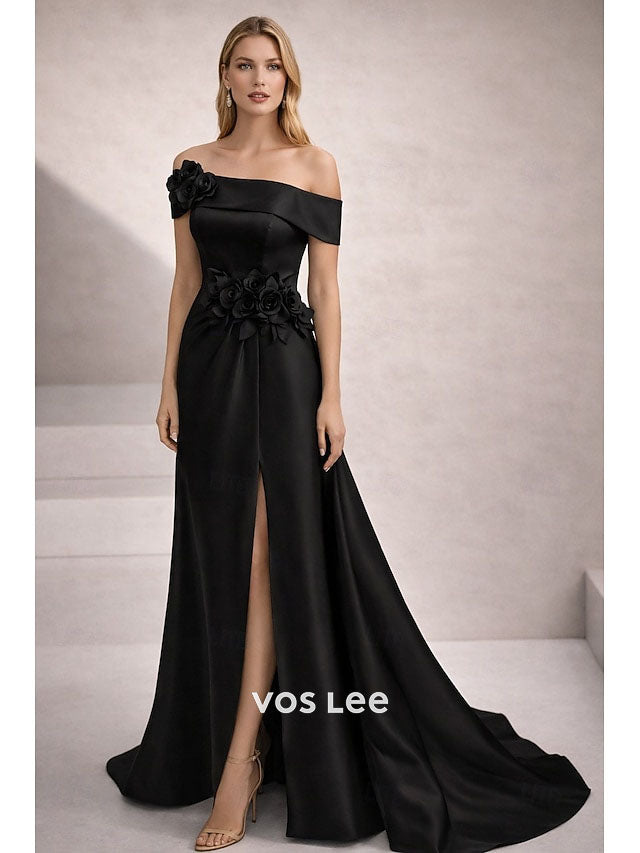 Off-the-Shoulder Mermaid Gown – Satin Formal Dress with 3D Floral Appliqué & High Slit